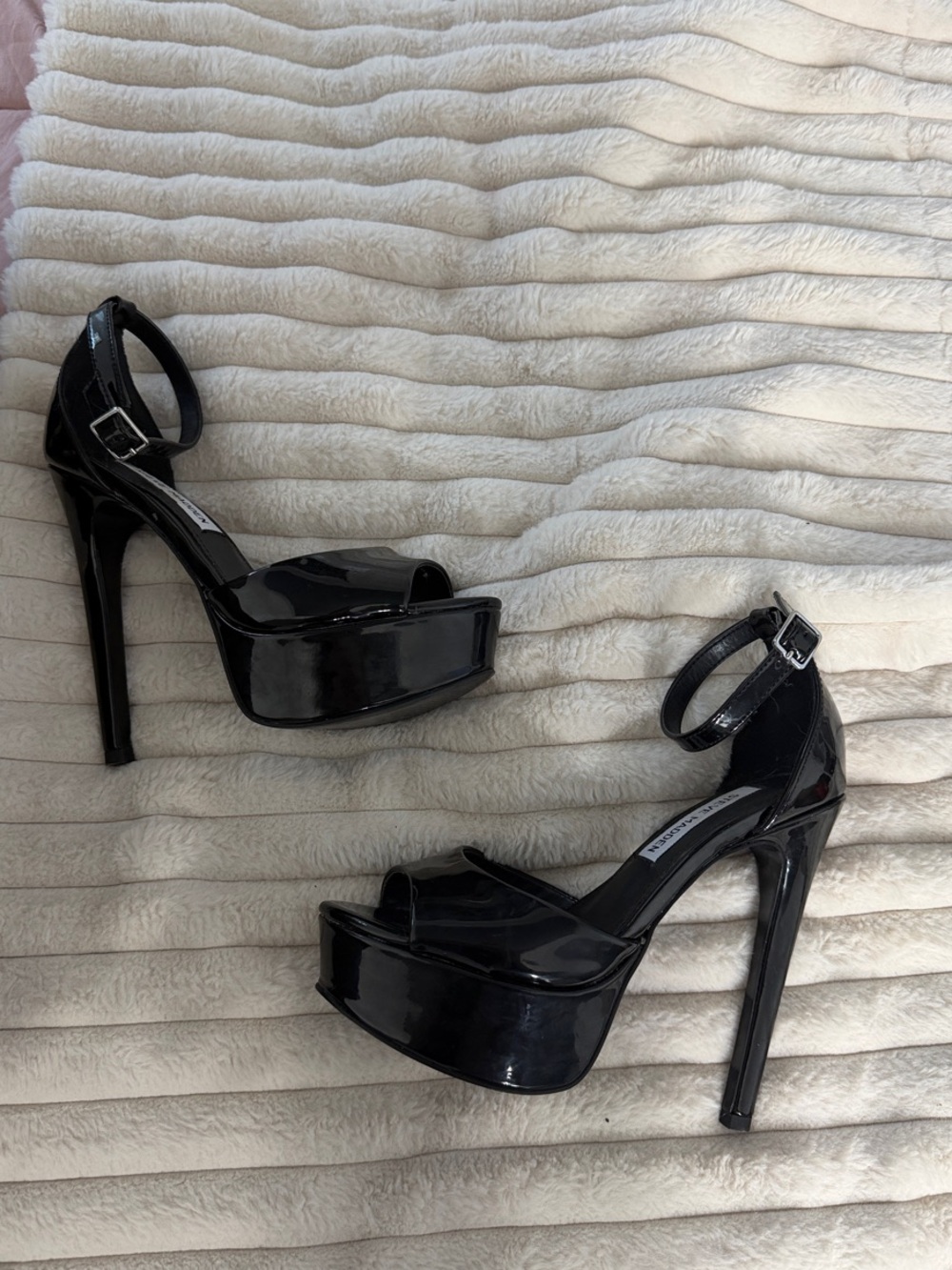 Steve Madden Black Patent Platform Ankle-Strap Stilettos